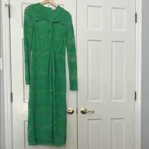 Ganni Green Long Sleeve Twisted Lace Midi Dress With Cutouts